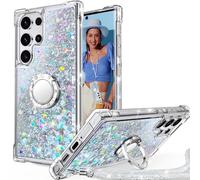 Unlicaku For Samsung Galaxy S23 Ultra Case with Strap, Ring Stand Mobile Phone Case Chain Women Girls Glitter Silicone Liquid Protective Case for Samsung S23 Ultra, Silver