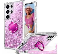 Unlicaku for Samsung Galaxy S24 Ultra Case, with Ring Women Girls Bling Holographic Sparkle Glitter Cute Cover, Diamond Ring Protective Phone Case for Samsung S24 Ultra, Clear Pink