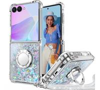 Unlicaku for Samsung Galaxy Z Flip 7 Case, Liquid Glitter Bing Floating Sparkle Phone Case with Ring Holder & Lanyard, Shockproof Protective Cover for Women Girls, Clear Silver