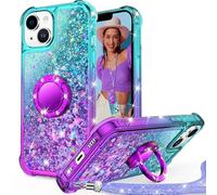 Unlicaku Glitter Case for iPhone 14/13, Luxury Bling Phone Cover with Ring Stand and Lanyard, Cute Sparkly Diamond Protective Case for Women, Purple