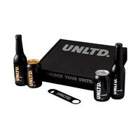 UNLTD. Alcohol Free Beer Gift Set - 2 x 330ml IPA and 2 x 330ml Lager in Bottles and Cans with Stainless Steel Bottle Opener - Low Calorie, Vegan & Gluten-Free Non Alcoholic Beers Brewed in the UK