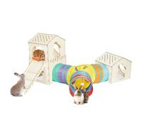 UNMOONY Extra Large Sturdy Rabbit Hideout with 3 Way Tunnels, Wooden Bunny Castle with Stairs, Rabbit Hideout Castle Tower Toys for Indoor Outdoor Play