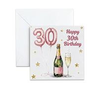 UNMOT 30th Birthday Card for Her, Pink Champagne, with Envelope | Pink 30 balloons, champagne and gold stars; blank inside; white envelope for sister, daughter, niece or friend.