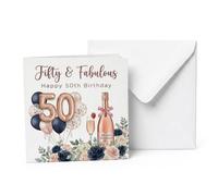 UNMOT Rose Gold 50th Birthday Card for Women, 14.5 x 14.5 cm with Envelope