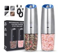 UNNEES Rechargeable Electric Salt and Pepper Grinder set of 2, gravity electric salt and pepper grinder set, Adjustable Roughness, LED Light, 2 Pack, (Silver)