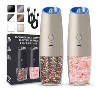 UNNEES Rechargeable Electric Salt and Pepper Grinder set of 2, gravity electric salt and pepper grinder set, Adjustable Roughness, LED Light, 2 Pack, (Khaki)