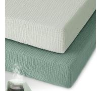 Unnivoll Travel Cot Sheets 95 x 65 cm Fitted 100% Muslin Cotton Super Soft & Breathable Travel Cot Mattress Sheets 2 Pack Gradient Green