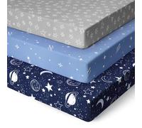 Unnivoll Travel Cot Sheets 95 x 65 cm Fitted Super Soft & Breathable Travel Cot Mattress Sheets 3 Pack Dark Blue Planet