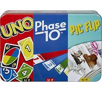 UNO, Phase 10 and Pic Flip Bundle Tin, 3 Mattel Card Games for Players 7 Year Olds & Up, Decorative Storage Tin, Gift for Kid, Family & Adult Game Night 7 Years & Older