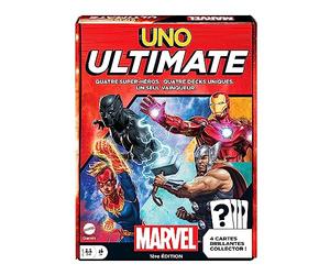 UNO Ultimate Marvel - Card Game, Superhero Design, Captain Marvel, Iron Man, Black Panther, Thor, Special Rules, Hazard Cards, Collector's Foil Cards, Ages 7+, HVM25