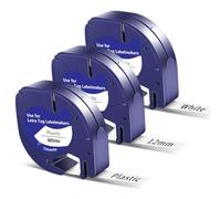 UNOKA 3 x 91201 Tapes, White Plastic Compatible with Dymo Label Tape, Letratag, 12 mm x 4 m, Black on White for LT-100H LT-100T 200B XR, Compatible with Dymo Letratag XR Label Tape, 91221