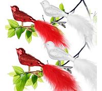 UNOLIGA Glass Bird Christmas Tree Decorations, Clip on Birds for Christmas Tree, 4pcs White and Red Bird Ornaments, Cute Hand Blown Glass Glitter Birds