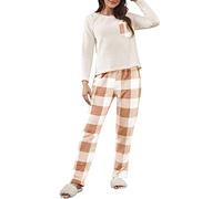 UnoSheng Dresses for Teenagers Girls Women 2-Piece Thickened Warm Flannel Long Pyjama Set Autumn Winter Sleepwear Plaid Fleece Sleepwear Warm Pyjamas Women, orange, XL