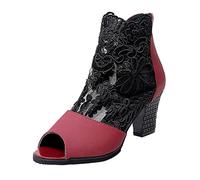 UnoSheng Shoes Women's Ankle Boots Mesh Lace Back Zipper Chunky High Heel Fish Mouth Short Boots Women's Shoes Party, Wine Red, 38 EU