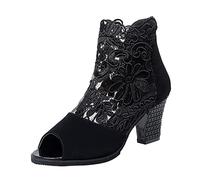 UnoSheng Shoes Women's Ankle Boots Mesh Lace Back Zipper Chunky High Heel Fish Mouth Short Boots Women's Shoes Party, black, 8 UK