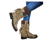 UnoSheng Snow Boots Women's Fashion Casual Vintage Retro Mid-Calf Boots Lace Up Big Heels Shoes, Khaki, 6 UK