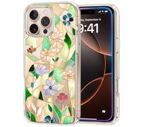 Unov Case Compatible with iPhone 16 Pro 5G Clear with Flower Glass Stained Floral Girly Design Embossed Floral Pattern Soft TPU Bumper Slim Protective Back Cover