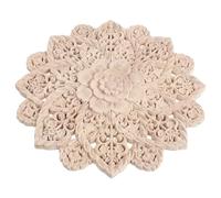 Unpainted Round Wooden Carved Flower Appliques Beige Wood | Ornate Openwork Floral Design with Natural Wood Grain, Paintable Surface, for Renters and Crafters