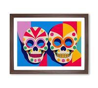 Unreal Floral Sugar Skulls Abstract Framed Wall Art Print A2 Walnut