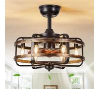 UNRRYI Industrial Ceiling Fans with Lights and Remote, 3 Speed Reversible Rustic Caged Ceiling Fans with 6 *E14 Base, Farmhouse Fandelier Ceiling Fan Light for Bedroom Dining Room