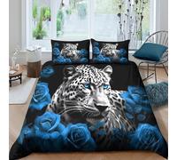 UNRXJZLVM 3D Printed Blue Rose Leopard Duvet Cover Microfiber Bedroom Decor Leopard Floral Bedding Set Soft Breathable for Home King（220x240cm）