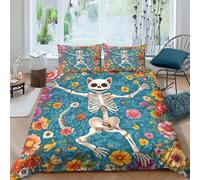 UNRXJZLVM 3D Printed Cat Skeleton Floral Duvet Cover Microfiber Soft Bedroom Decor Animal Print Bedding Set Breathable Suitable for Gift Single（140x200cm）