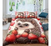 UNRXJZLVM 3D Printed Cute Hedgehog Strawberry Duvet Cover Microfiber Bedroom Decor Hedgehog Bedding Set Soft Breathable for Home Double（200x200cm）