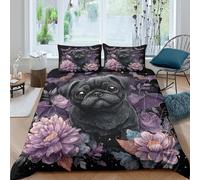 UNRXJZLVM 3D Printed Pug Floral Duvet Cover Set Microfiber Bedroom Decor Dog Flowers Bedding Set Soft Breathable for Adults Single（135x200cm）
