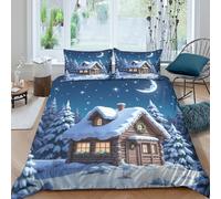 UNRXJZLVM 3D Ultrasoft Microfibre Snowy cabin night Duvet Cover Easy Care Bedding Set with Pillow Cases Christmas cozy style Duvet Cover Sets All Season Breathable for Couples Single（140x200cm）