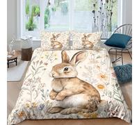 UNRXJZLVM Botanical 3D Printed Rabbit Duvet Cover Microfiber Nature Bedroom Decor Bunny Bedding Set Soft Breathable for Adults Double（200x200cm）