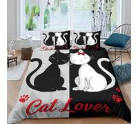 UNRXJZLVM Charming Cat Print 3D Printed Microfiber Duvet Cover for Adults Black White Cat Bedding Set Soft Breathable Bedroom Decor Gift Single（140x200cm）