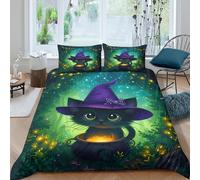 UNRXJZLVM Enchanting Witch Cat 3D Printed Duvet Cover Microfiber Bedroom Decor Magical Cat Bedding Set for Adults Soft Breathable Super king（260x220cm）