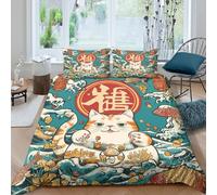 UNRXJZLVM Lucky Cat 3D Printed Duvet Cover Microfiber Bedroom Decor Fortune Cat Bedding Set Soft Breathable for Teen Adults Home Single（140x200cm）