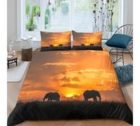 UNRXJZLVM Realistic Sunset Scenery 3D Printed Elephant Duvet Cover Microfiber Bedroom Decor Animal Bedding Set for Adults Teens Single（140x200cm）