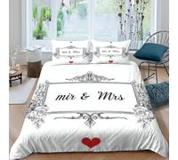 UNRXJZLVM Romantic Wedding 3D Printed Mr and Mrs Duvet Cover Microfiber Bedroom Decor Heart Bedding Set Breathable Soft for Home Double（200x200cm）
