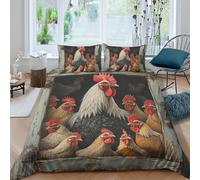 UNRXJZLVM Rustic Style 3D Printed Rooster Duvet Cover Microfiber Bedroom Decor Hen Flock Bedding Set Soft Breathable for Home Super king（260x220cm）