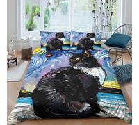 UNRXJZLVM Starry 3D Printed Black Cat Duvet Cover Microfiber Bedroom Decor Night Sky Cat Bedding Set Soft Breathable for Adults Teens Double（200x200cm）