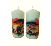 Unscented Pillar Wax Candle Set of Two African Safari Elephant Handcrafted Stunning Sunset Wildlife Art Home Decor Display