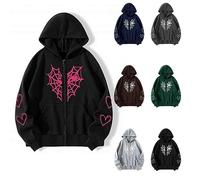 Unsex Full Zipper Sweatshirts Print Hooded Zip Hoodies Oversized Zip up Hoodie for Women Men Gothic Spider Web Heart Graphic Sweatshirt Casual Comfy Y2K Streetwear Vintage Trendy Spider Hoody Tops