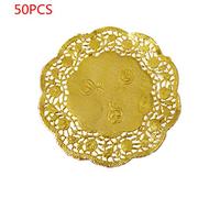 UNTERING 50Pcs/Set 3.5 Inch Hollow Floral Embossed Round Lace Paper Doilies Wedding Party Tableware Metallic Gold Placemat Protect A Table From Messes