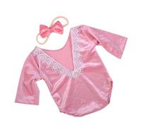 UNTERING Photography Props For Baby Girls 0-2M Photo Costume Lace Jumpsuits Flower Hair Rope Newborn Milestones Photo Outfit 2pcs Romper Headband Accessory