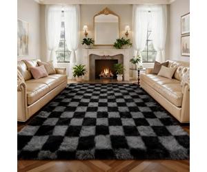 Untimaty Rugs Living Room - 160x230cm Classic Checkered Large Grey and Black Ultra Soft Fluffy Bedroom Area Rugs Washable Anti-Slip Backing Carpet Nursery Kids Room Modern Floor Home Decor