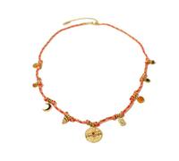 Untold Stories Boho Charm Necklace, Orange Rope with Gold Moon and Coin Charms, Necklace for Women