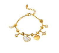 Untold Stories Gold Plated Heart Charm Bracelet with Crystal Hearts, Stars and Moon, bracelet gift for women and girls, Adjustable and hypoallergenic.