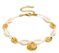 Untold Stories Seashell Anklet with Natural Cowrie and Gold-Tone Shell Charm, Summer Beach Boho Festival Jewellery For Women and Girls