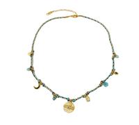 Untold Stories Turquoise Charm Necklace for Women Gold Plated - Boho Beaded Choker with Coin Pendant, Crescent Moon & Blue Stone Charms, Adjustable Beach Jewellery, Tarnish Resistant