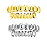UNVOJL 2 Pairs Grillz for Teeth Gold and Silver Tooth Cap Top & Bottom Grill Set, Fangs for Hip Hop Events Music Festivals Halloween Parties Stage Performances