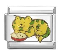UNY JEWEL Delighted Cat Eating Italian Charm 9mm Stainless Steel Link - Enamel Kitty and Food Bowl Design Modular Charm Bracelet Link