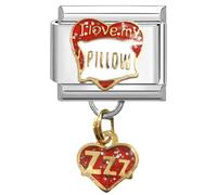 UNY JEWEL Enamel Heart Italian Charm 9mm Stainless Steel Link - Love My Pillow Design with Dangling Gold Heart Modular Charm Bracelet Link