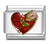 UNY JEWEL Italian Charm 9mm Stainless Steel Red Heart with Rose Design Modular Charm Link for Bracelets Unisex Jewelry